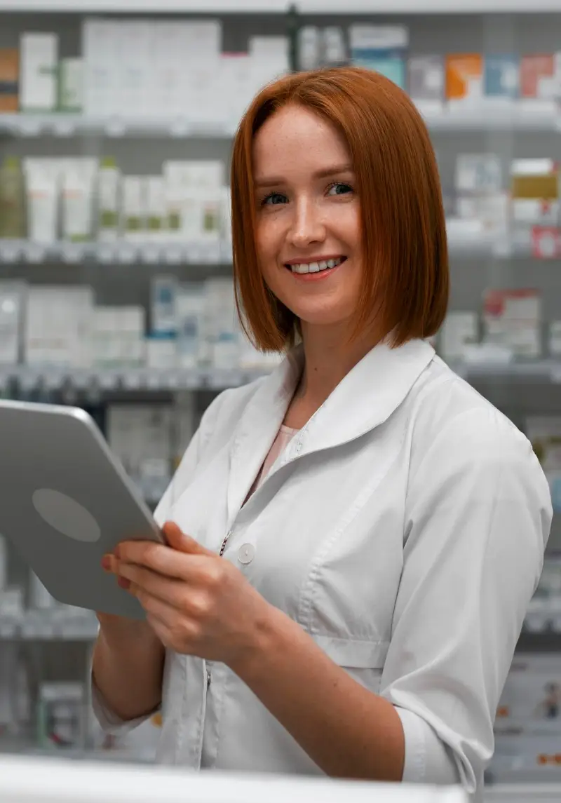 Female pharmacist working with tablet in the pharmacy